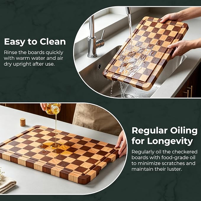WILLKOMMEN Checkered Cutting Board for Kitchen– Wood Checkerboard Chopping Board Wooden Checker End Grain Cooking Board with Juice Groove & Handle Serving Board for Meat,Fruit,Bread,Vegetable