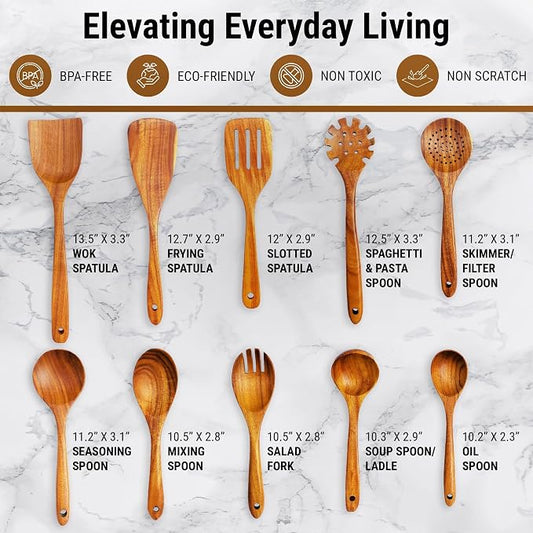 DADU BADU Teak Wooden Utensil Set of 10 – Non-Toxic Cooking Spoons & Spatulas for Nonstick Pans – Includes Pasta Spoon, Ladle, Skimmer – Premium Wood Kitchen Gift Set with Holder