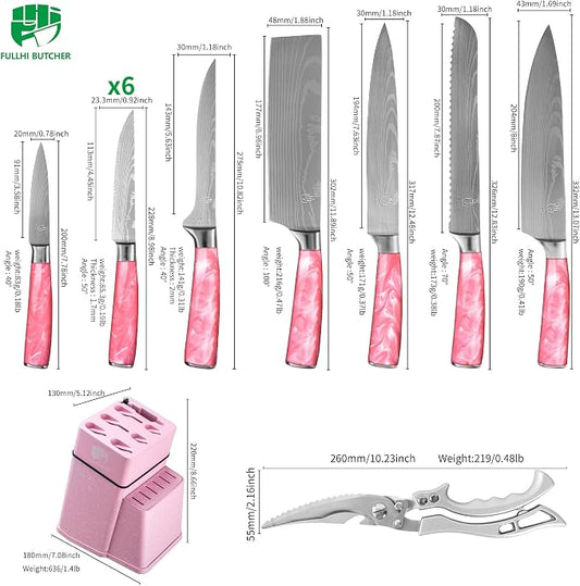 FULLHI 14pcs Block Knife Set, Chef's Knife Steak Knives Set with Block and Sharpener, Kitchen Knife Set, Multi-colour Handle, Gifts for Men Women