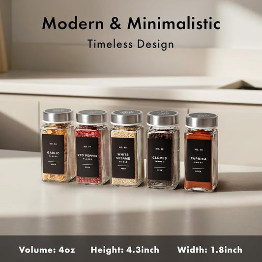 EDELHAUS Glass Spice Jars with Label and Stainless Steel Lids (24 x 4oz) Spice Containers with 240 Labels, Shaker Inserts, Steel Funnel, Empty Square Seasoning Organizer for Spice Rack Cabinet Drawer