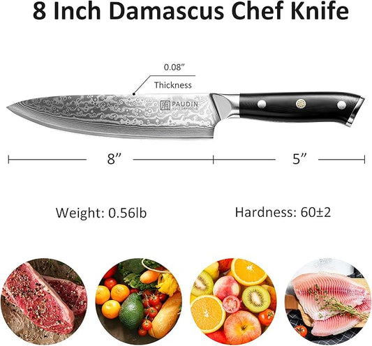 PAUDIN Damascus Chef Knife, 8 Inch Kitchen Knife, 67 Layers Damascus Steel Knife Japanese VG10 Core, Non-slip Ultra Sharp Chefs Knife with Ergonomic G10 Handle