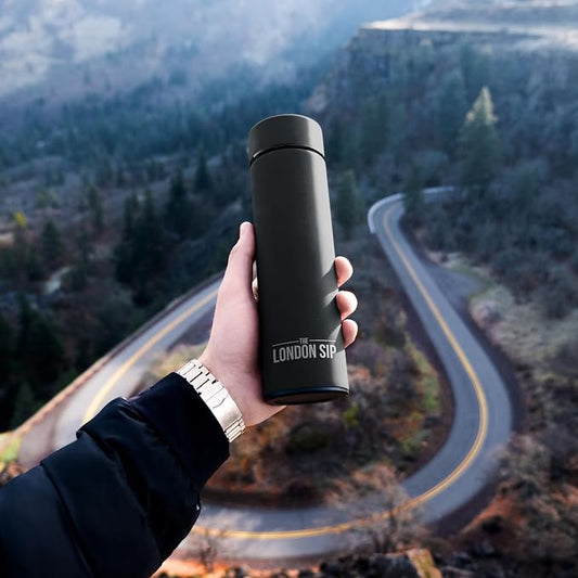 London Sip Multi-Purpose Tea Infuser Travel Mug and Tumbler Fruit Infuser Flask Hot and Cold Double Wall Stainless Steel Thermos with Extra-Long Infuser, Zen Black