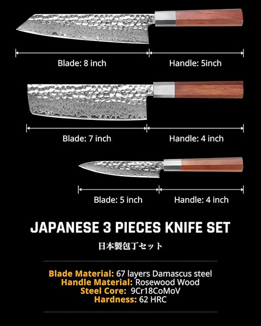 YOTSUBA 3PCS Japanese Damascus kitchen knife set – Ultra Sharp Hand-Forged High Carbon Steel Blades with Genuine Natural Hardwood Handles, Professional Kitchen Knives for Chopping Meat & Vegetables