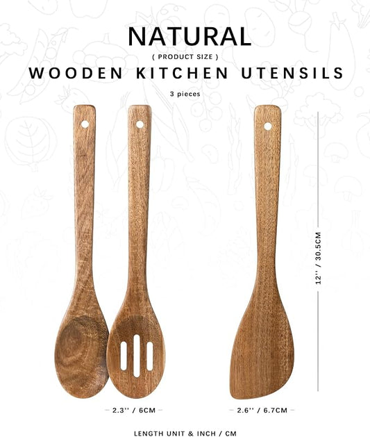 Wooden Spoons for Cooking, 3-Piece Wood Utensil Set Includes Slotted Spoon, Spoon & Wooden Spatula for Cooking – Acacia Wood Kitchen Utensil Set – 12 Inch Hardwearing Tools