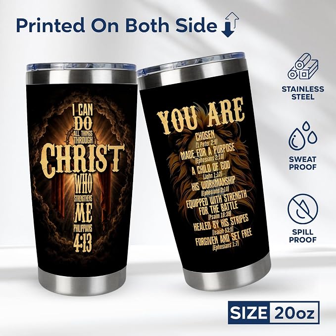 Christian Fathers Day Gift, Christian Gift for Men, Coffee Tumbler with Bible Verse - I Can Do All Things Through Christ, Religious Mugs for Men, Pastor Tumbler, Christmas Man of God Gifts