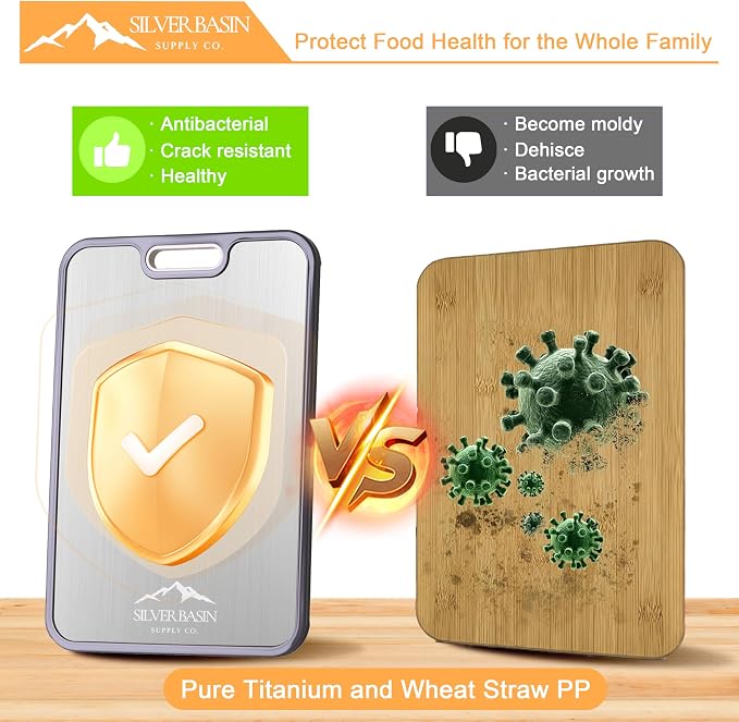 Dual-Sided Titanium Cutting Board with Wheat Straw PP Side for Kitchen, Medium Compact Non-Slip Chopping Board 15.2 x 10.5 inch