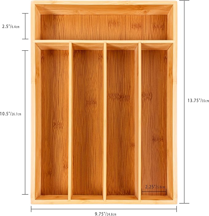 BergHOFF Bamboo Flatware Organizer 5-slot, 13.75" x 9.75", Natural, Fit in most kitchen drawer, great for spoons, forks, knives, scissors, peelers, chef tools