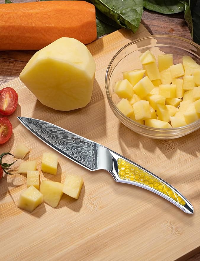 3.5 inch Paring Knife, Japanese VG-10 Damascus Steel Kitchen Knife, Ultra Sharp Fruit Knife with Full-tang Handle in Yellow Resin, LA-S9 Series