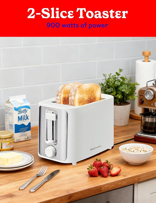 Betty Crocker 2-Slice Toaster, 900W, Variable Toast Shade Control, High Lift Feature, Cool Touch Housing, Bread Centering Guides, Drop Down Crumb Tray, BC-5632W, White