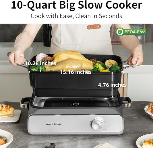 Slow Cooker 10-Quart - PFOA-Free Ceramic Coating, Oven Safe to 450ยฐF | Keep Warm Function for Large Family Gatherings (Includes Silicone Spoon)
