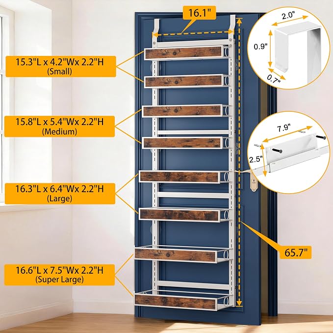 8 Tier Over The Door Pantry Orangizer 2 IN 1 Wall Mounted or Hanging Spice Rack with Adjustable Wood Basket,Heavy Duty Seasoning Storage Shelf for Kitchen Pantry and Bathroom