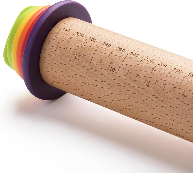 BAMBOO LAND- Adjustable Rolling Pin with Thickness Rings for Baking, 13.8", 4 Colorful Thickness Rings (2-10 mm or 1/16"-3/8"), Wood Rolling Pins for Baking, Bread, Pizza Doughs