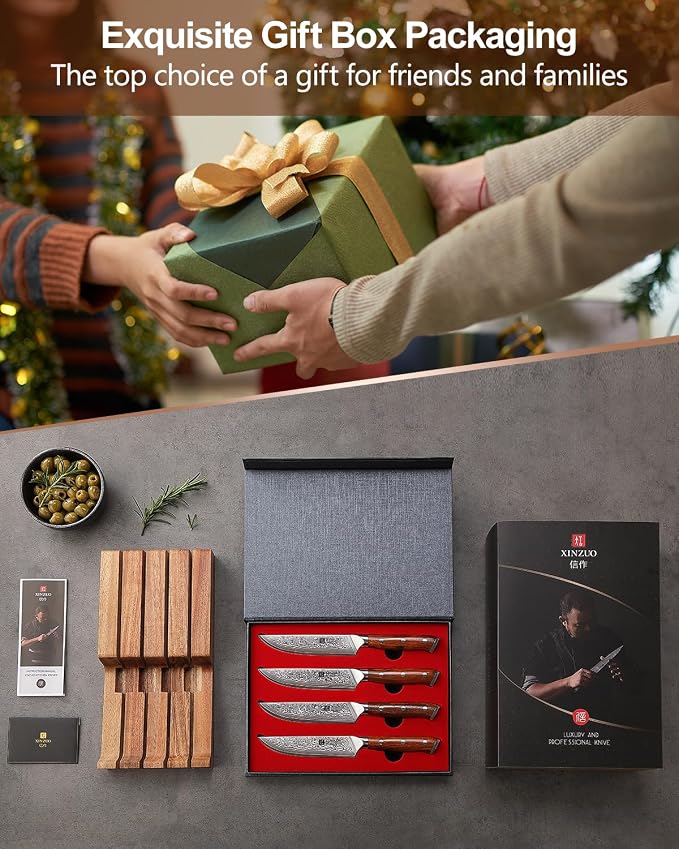 XINZUO 5Pcs Steak Knives Set, Non Serrated Dinner Knives with Drawer Knife Holder,67-layer Damascus Steel Kitchen Knife with Rose Wood Handle, Acacia Wood Knife Block