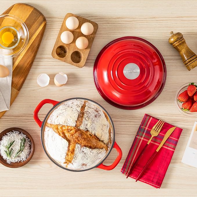 Velaze Enameled Cast Iron Dutch Oven for Bread Baking,5 QT Bread Oven Pot with Dome Lid for Crispy Artisan Bread & Bakery-Style Homemade Loaves(Red)