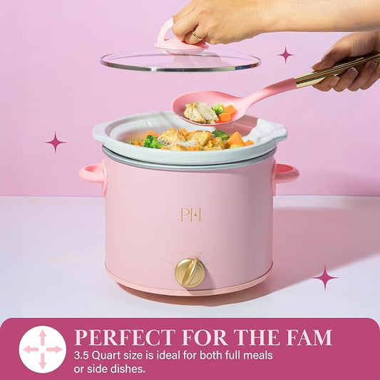 Paris Hilton 3.5-Quart Manual Slow Cooker, Naturally Nonstick Stoneware Ceramic Insert, Three Settings (Low, High, Warm), Dishwasher Safe Family Size Slow Cooker, Pink