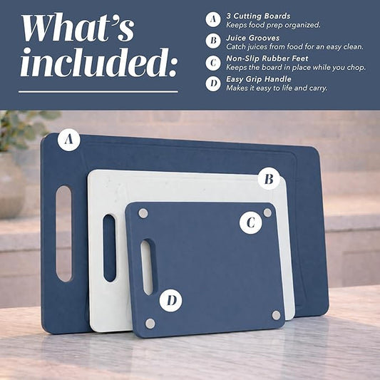 COOK WITH COLOR Non-Slip Cutting Board Set – Kitchen Essentials with Easy Grip Handle for Meat, Veggies, and Fruits, 3 Cutting Boards, Blue and White Marble