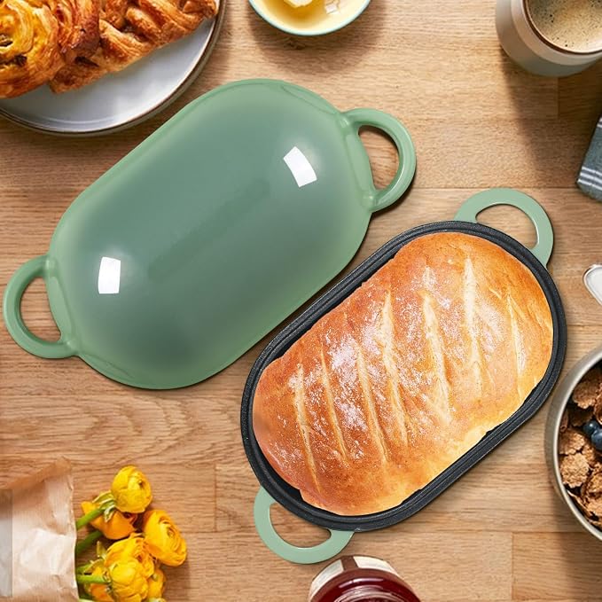 Enameled Cast Iron Sourdough Bread Oven, 5 QT Loaf Cast Iron Bread Pan with Lid, Oval Dutch Oven for Homemade Bread Baking, Meatloaf Pan with Lid (Fig Green)