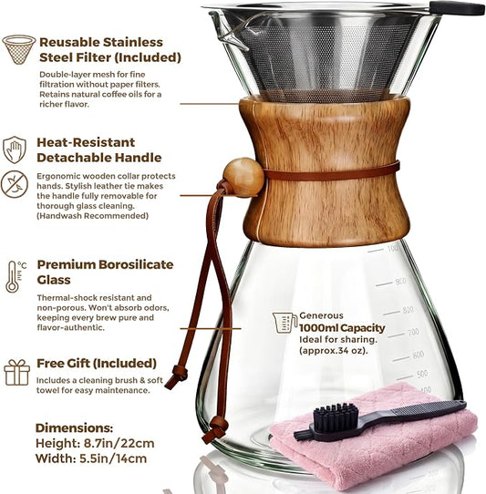 AGOGO Pour Over Coffee Maker Glass - Barista Kit with 304 Stainless Filter for Home, Office, Camping, Cafes - Easy Clean Coffee Dripper Set (Soft Towel&Brush) (34oz Slim Shape w/SS Filter)