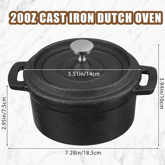 4 Pcs Mini Dutch Oven, 500F Small Round Iron Cocotte Black Dutch Oven Pot with Lid and Dual Handles Cast Iron Pot for Stovetop Use Marinate Cook Bake Refrigerate, Individual Servings(20 oz)