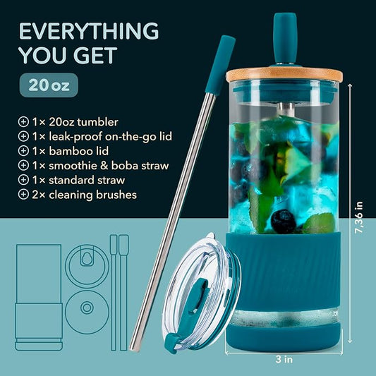Pandaloo® Glass Cups With Lids and Straws -20 Fl Oz- Perfect Size Iced Coffee Cup - Smoothie Cup With Bamboo Lid and On the go Lid - Glass Tumbler With Straw (1 Count (Pack of 1), Intense Teal)