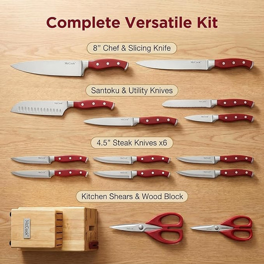 McCook® Knife Sets, High Carbon Stainless Steel Kitchen Knife Block Sets with Built-in Sharpener, 15 Piece, Forged Triple Rivet,Full Tang, Elegant Red & Stylish Wooden Block for Modern Culinary