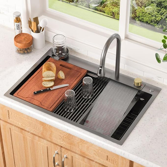 Lordear 33 Inch Black Drop In Kitchen Sink Waterfall T304 16 Gauge Stainless Steel Single Bowl Workstation Ledged Functional Large Kitchen Sinks 33x22x10 Inch
