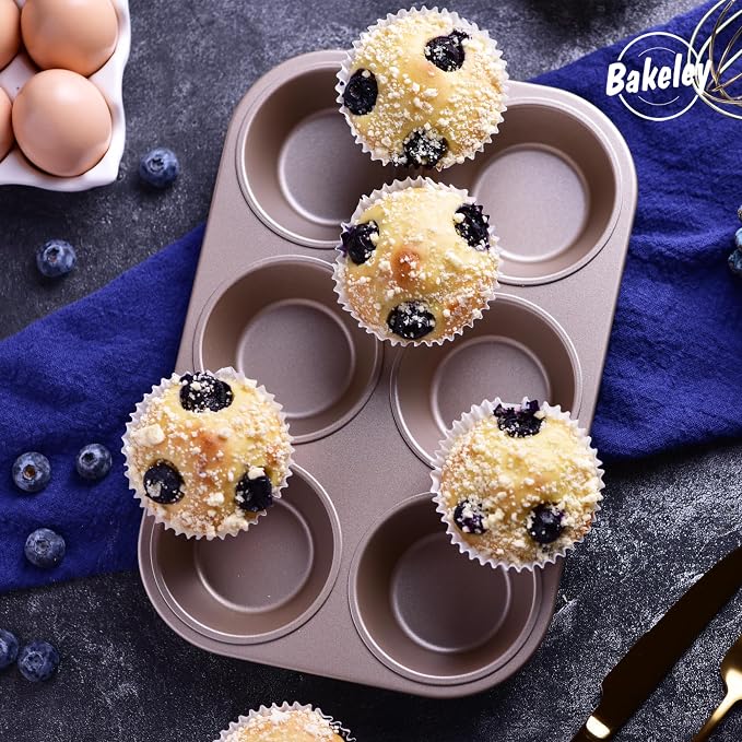Muffin Cake Pan, 6-Cavity Heavy Duty Carbon Steel Non-Stick Cupcake Pan, Bakeware for Oven Baking Brownies, Cheesecakes (Champagne Gold)