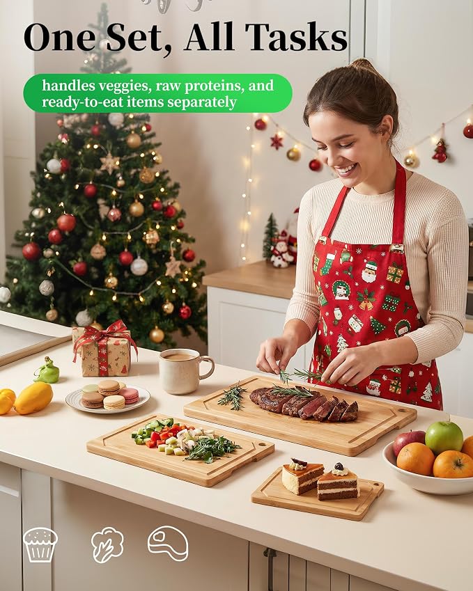 Kitchen Cutting Board Set - 3-Piece Wooden Cutting Boards for Kitchen with Juice Groove, Handles, Hang Holes, Stylish Kitchen Essentials for Chpping & Serving, Natural, 0.6"Th - (L+M+S)