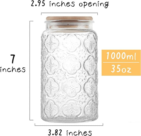 Custde Glass Storage Jars With Airtight Lid, 35oz Canister For Kitchen Counter with Bamboo Lid, brown sugar, candy, coffee, cookie, salt, tea,pantry cute Jar (35oz Large Begonia Flowers)