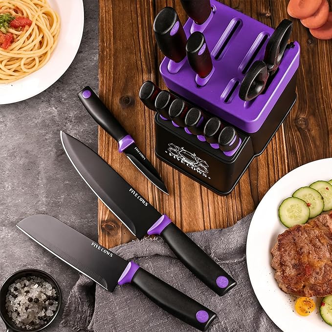 14 Pcs Kitchen Knife Block Set with Sharpener German High Carbon Stainless Steel Chef Knives, Razor-Sharp & Durable, Lightweight Anti-Slip Handle, Professional Set for Home & Kitchen (Purple)