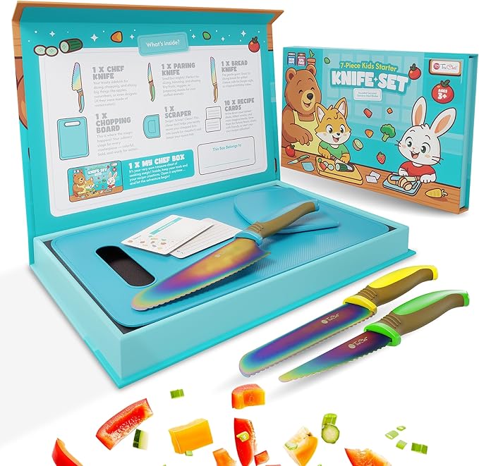 TruChef Kids Knife Set for Real Cooking | Skin Safe Chef Set for Ages 3+ with Rainbow Blades, Cutting Board, Scraper, Recipe Cards | Jr Chef Cooking Gift for Teens & Kids (16 Pcs)