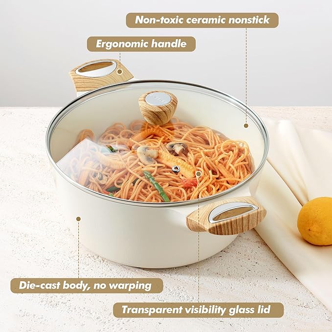 SENSARTE Ceramic Nonstick Stock Pot with Lid, 2.6/4.5/6.6/8.5/11 QT Soup Pot Casserole Pot, Non-toxic Healthy Pasta Pot, Large Cooking Pot Stew Pot, Induction Compatible, PFOA PFAS PTFE Free, White