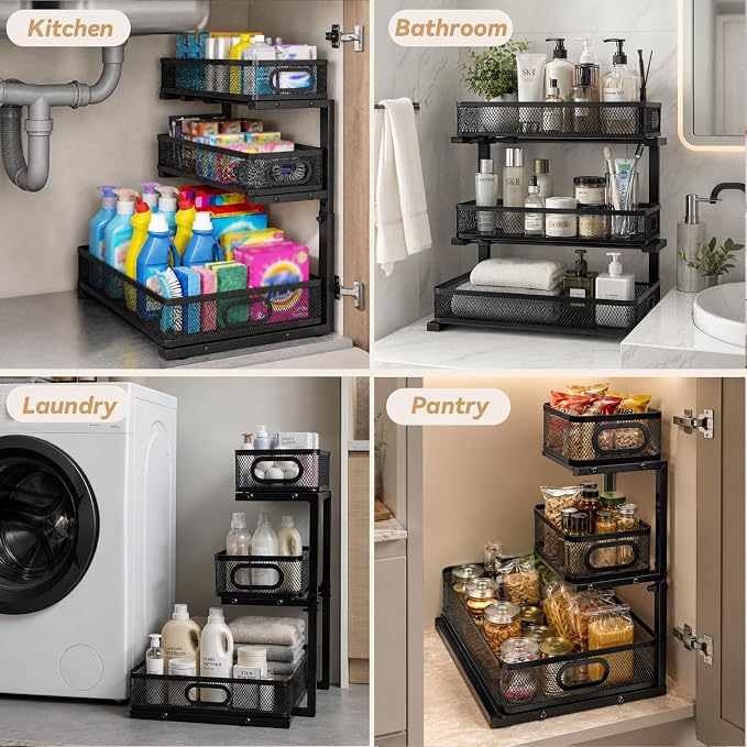 3-Tier Under Sink Organizer 2-Pack, Thickened Metal Pull out Cabinet Shelf, Height Adjustable Slide Out Drawer Storage Rack for Bathroom Kitchen Pantry Laundry Home Office Organization (Black)