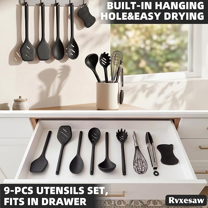 Kitchen Utensils Set,9 PCS Silicone Cooking Utensils Set Spatula Set,Non Toxic Cooking Utensils,Tongs,Spoon,Whisk,Brush,BPA Free Kitchen Gadgets for Non-Stick Cookware,Home Essential(Black-9P)