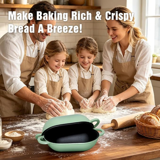Enameled Cast Iron Sourdough Bread Oven, 5 QT Loaf Cast Iron Bread Pan with Lid, Oval Dutch Oven for Homemade Bread Baking, Meatloaf Pan with Lid (Fig Green)