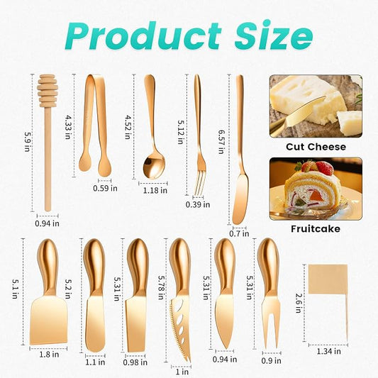 LifeMusican Rose Gold Cheese Knife Set, Cheese Butter Spreader Knife Slicer knives With Serving Tongs, Spoons, Forks, Flags Cheese Markers, Wooden Honey Dipper For Charcuterie Board Accessories