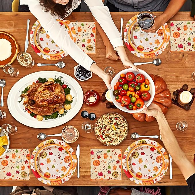 90PCS Friendsgiving Paper Plates and Napkins Sets, Disposable Party Supplies for Fall Thanksgiving Party Decorations, Friendsgiving Dinnerware Sets Serve 30 Guests