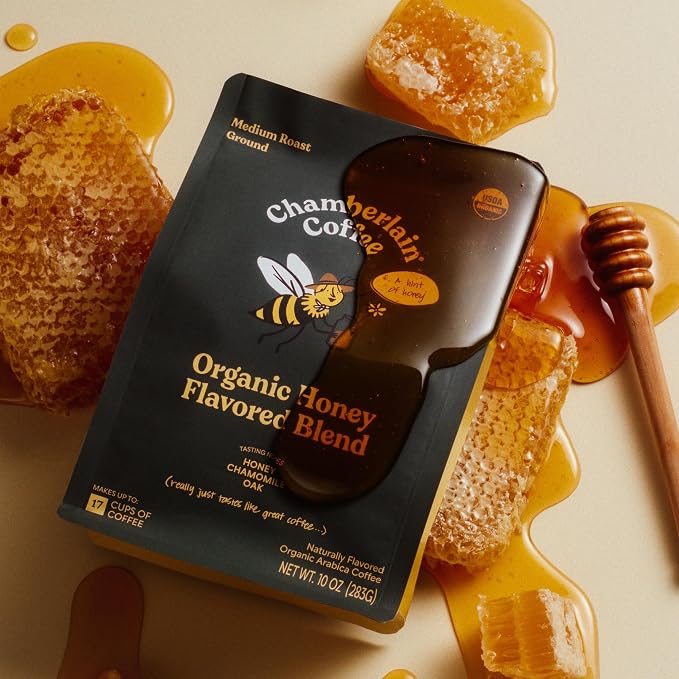 Chamberlain Coffee Honey Medium Roast Ground Coffee - USDA Organic Specialty Blend - Smooth & Balanced with Honey, Chamomile & Oak Notes - Freshly Roasted - Rich Flavor & No Bitterness - 10 Oz