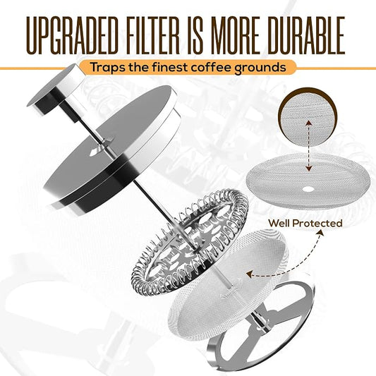 Utopia Kitchen 304 Grade Stainless Steel French Press Coffee Maker 50 Oz, Double Wall Insulated Coffee Press with 4-Level Filtration system, Include 2 Extra Filters, Rust-Free, Dishwasher Safe, Silver