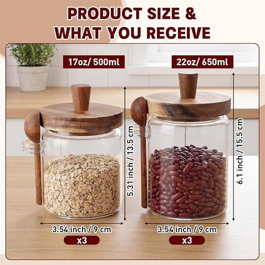 Remerry Set of 6 Glass Jar with Wooden Lid and Spoon, 13.5 Oz/20 oz, Coffee Sugar Container Set, Clear Airtight Spice Canisters Glass Food Storage Kitchen Containers for Coffee Bean Tea Sugar