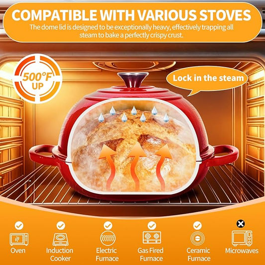 ONKO Dutch Oven For Sourdough Bread Baking, 6QT Enameled Cast Iron Dutch Oven Pot With Lid, Non-stick Sourdough Baking Pan with Bread Dome, Round Ceramic Dutch Ovens Pot with Cloche for Homemade