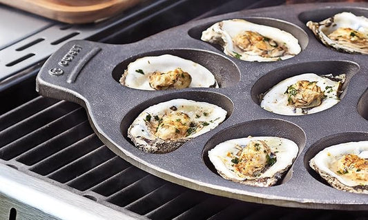 Outset Cast Iron Oyster Grill Pan, 12 Cavities, Black Oyster BBQ and Serving Pan