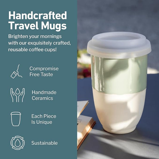 NOVA CERAMICS Travel Mug - Ceramic To Go Coffee Mug With Lid – Travel Mug Ceramic To Go Cup – Microwave & Dishwasher Safe Ceramic Coffee Mug With Lid - Gifts For Women Men Him Her – 12oz – Sage Green