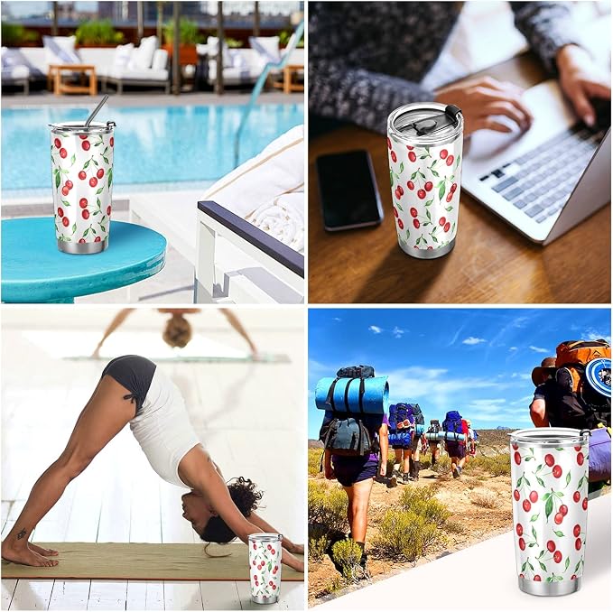 Tumbler Cherry Green Leaves Insulated Office Coffee Cup Back to School Beverage Container Travel Mug with Straw and Lid Double Wall Stainless Steel 20oz
