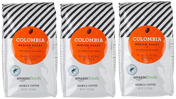 Amazon Fresh Colombia Whole Bean Coffee, Medium Roast, 12 Ounce (Pack of 3)