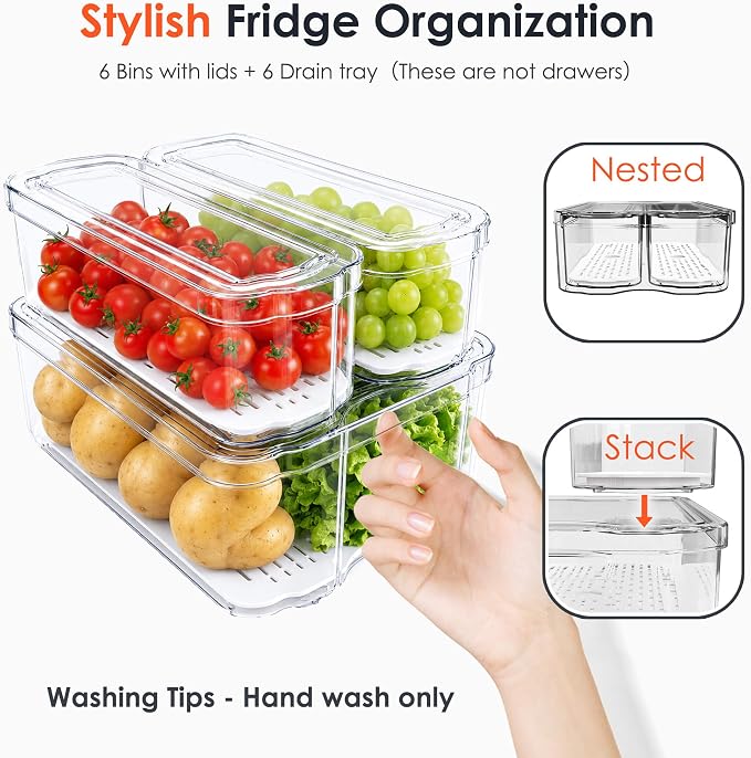SMRCAD Fridge Organizers and Storage, 6 Pack Clear Freezer Organizer Bins with Lids for Kitchen, Pantry, Refrigerator, Food, Fruit, Vegetable Storage
