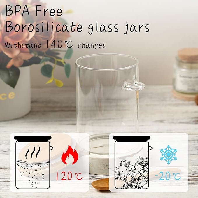 Glass Sugar Container with Spoon - 4 Pack 15oz Glass Jars with Bamboo Lid and Spoon, Bamboo Lid Storage Jar Containers for Coffee Beans, Spice, Brown Sugar, Tea, Flour, Nuts, Candy, Salts and More