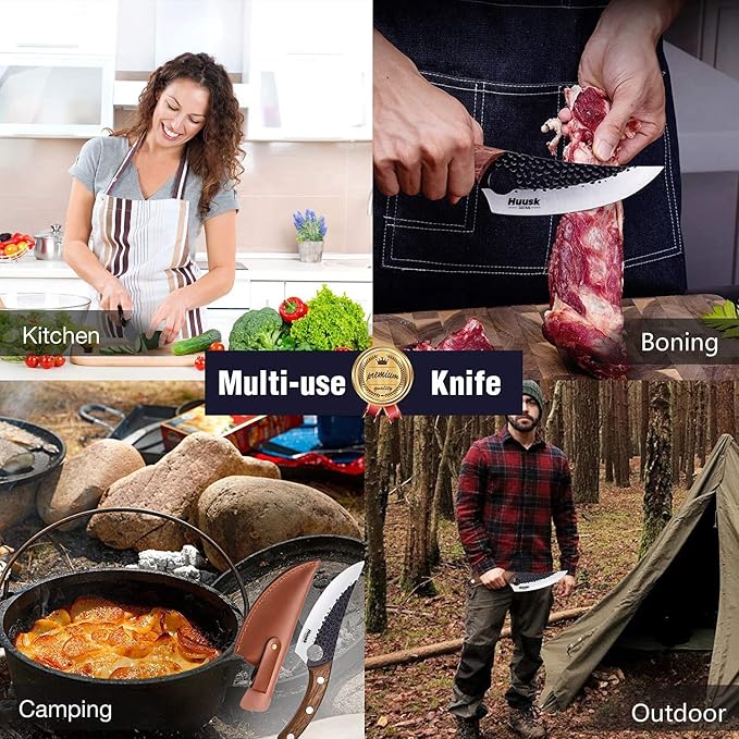 Huusk Viking Knives Hand Forged Boning & Chef Knife - Full Tang Japanese Blade with Sheath - Butcher Meat Cleaver - Camping & Kitchen, Gifts for Men and Women