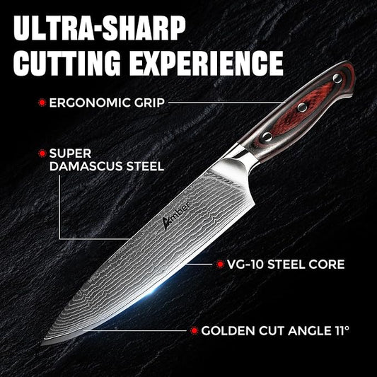 Ambertronix Professional Damascus Chef Knife 8 inch, Kitchen Knives Made of Japanese VG-10 Stainless Steel with Unique Pattern, Ultra Sharp Blade and Ergonomic Handle