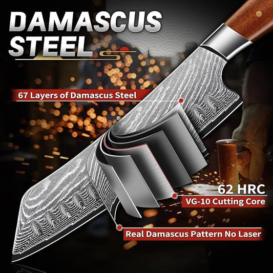 TIJERAS Japanese Chef Knife, Damascus Santoku Kitchen Knife, 7 inch Damascus 67-Layer Steel Sharp Professional Chefs Knives with Wood Ergonomic Handle, Birthday Gifts for Men Women